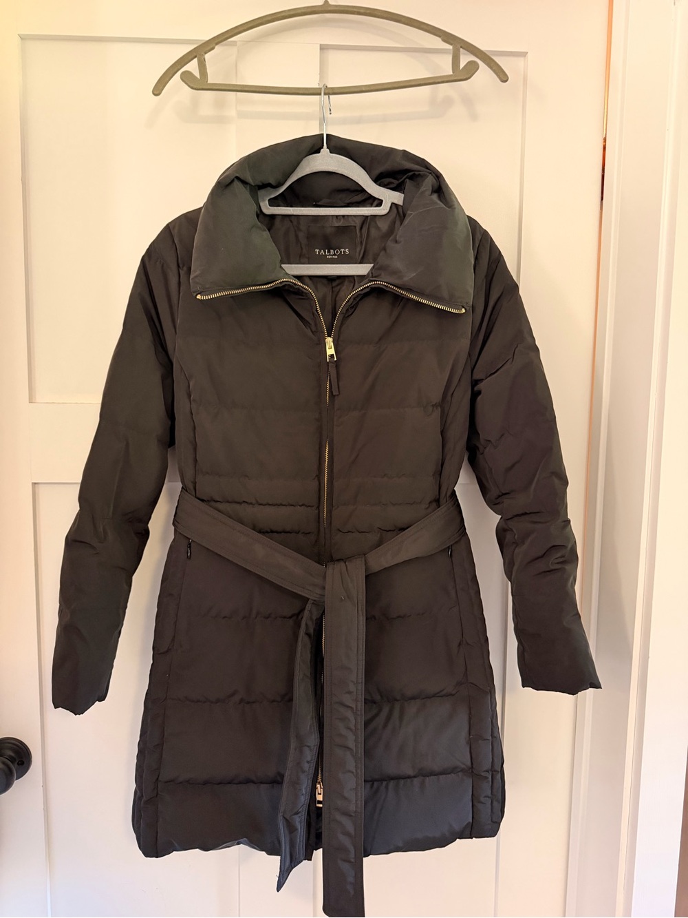 Talbots Black Quilted Belted Puffer Coat with Stand Collar